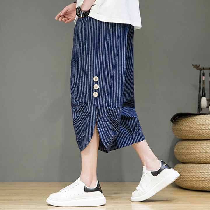 Pantalones harén de algodón para hombre, informales, con diseño de rayas blancas y botones con cordón y bolsillos - image 27