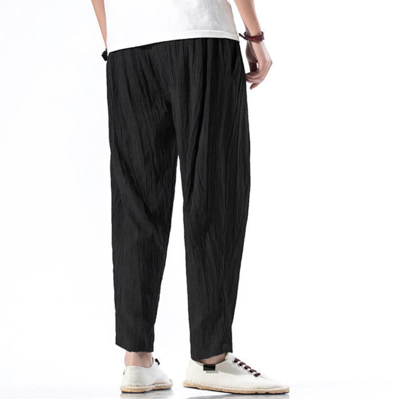 Pantalones Buddha Stones largos de lino y algodón con diseño plisado, lisos e informales, con cordón ajustable y bolsillos para hombre. - image 26