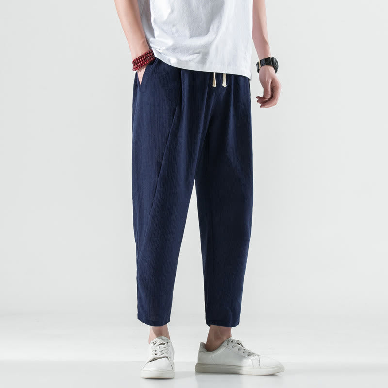 Pantalones Buddha Stones largos de lino y algodón con diseño plisado, lisos e informales, con cordón ajustable y bolsillos para hombre. - Azul medianoche - US/UK/AU46, EU56 (5XL) - image 38