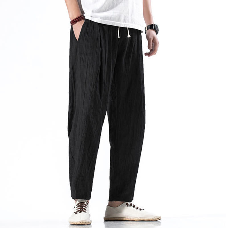 Pantalones Buddha Stones largos de lino y algodón con diseño plisado, lisos e informales, con cordón ajustable y bolsillos para hombre. - image 30