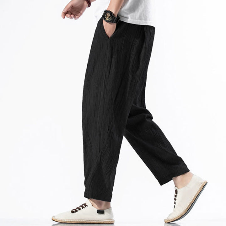 Pantalones Buddha Stones largos de lino y algodón con diseño plisado, lisos e informales, con cordón ajustable y bolsillos para hombre. - image 25