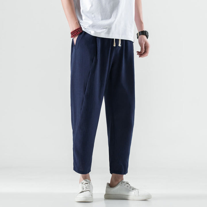Pantalones Buddha Stones largos de lino y algodón con diseño plisado, lisos e informales, con cordón ajustable y bolsillos para hombre. - Azul medianoche - US/UK/AU46, EU56 (5XL) - image 38