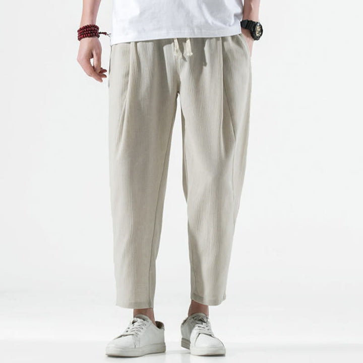 Pantalones Buddha Stones largos de lino y algodón con diseño plisado, lisos e informales, con cordón ajustable y bolsillos para hombre. - image 2