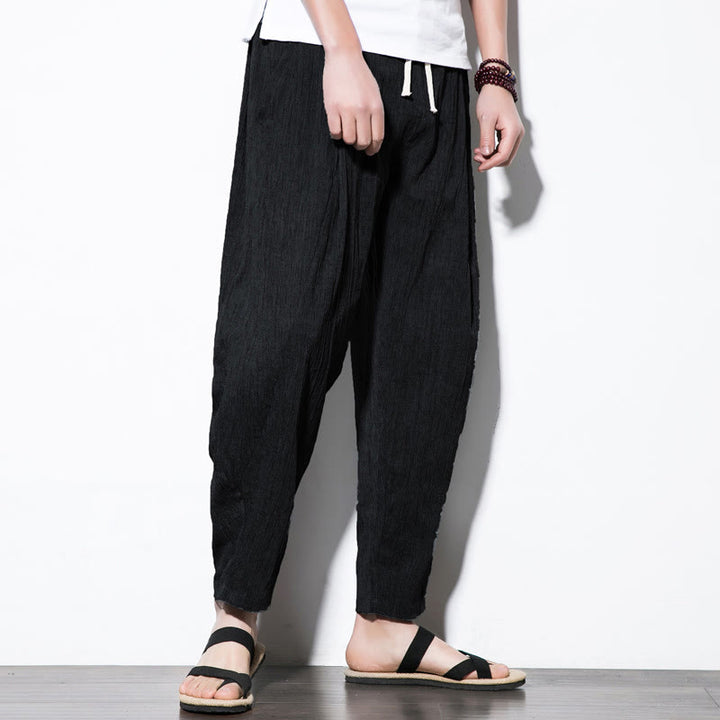 Pantalones Buddha Stones largos de lino y algodón con diseño plisado, lisos e informales, con cordón ajustable y bolsillos para hombre. - image 24