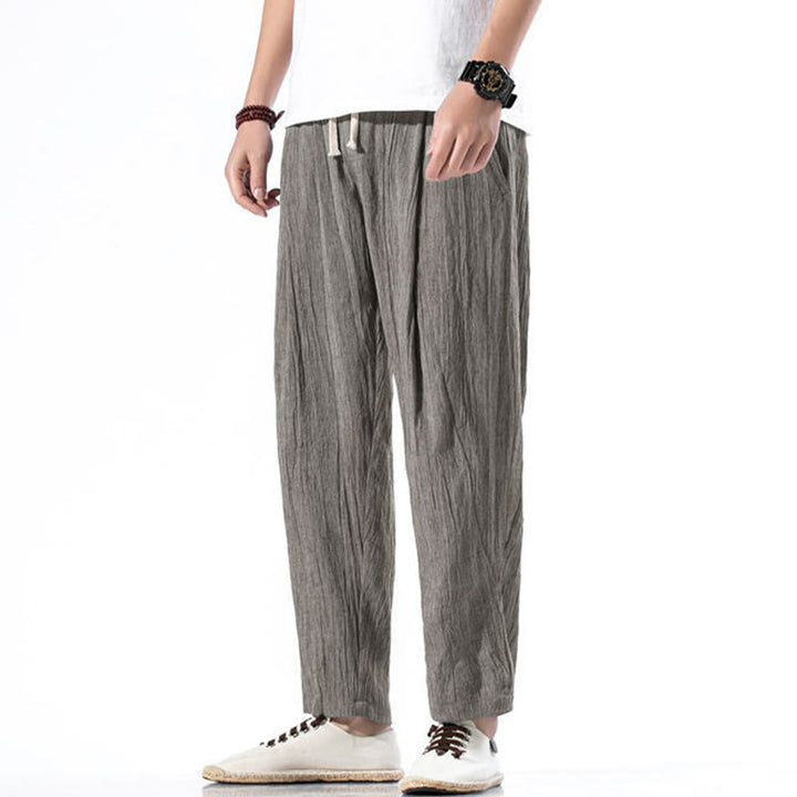 Pantalones Buddha Stones largos de lino y algodón con diseño plisado, lisos e informales, con cordón ajustable y bolsillos para hombre. - image 21