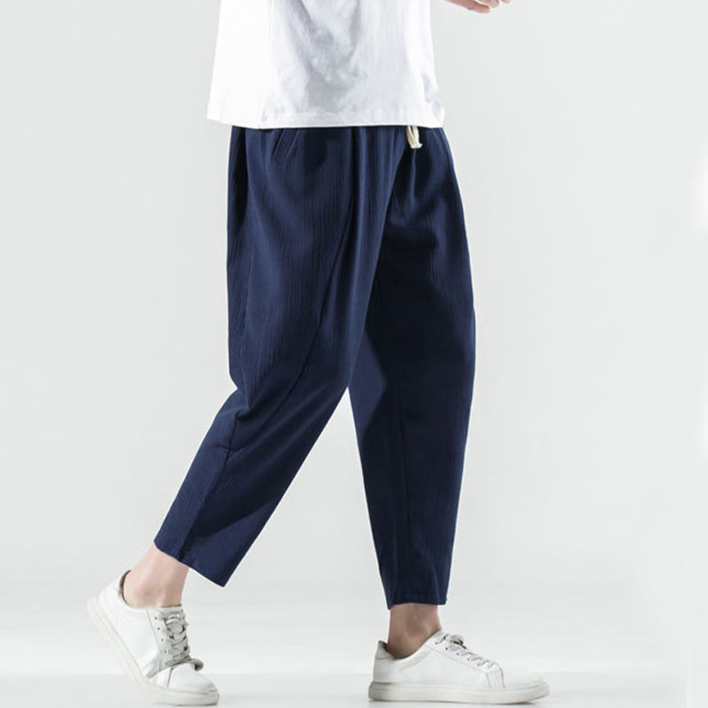 Pantalones Buddha Stones largos de lino y algodón con diseño plisado, lisos e informales, con cordón ajustable y bolsillos para hombre. - image 41