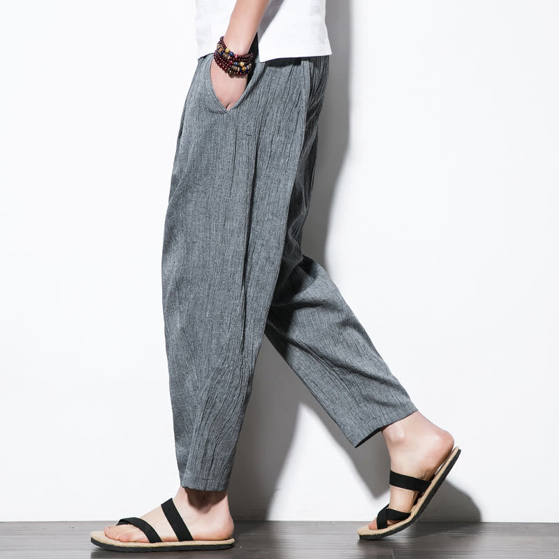 Pantalones Buddha Stones largos de lino y algodón con diseño plisado, lisos e informales, con cordón ajustable y bolsillos para hombre. - Gris pizarra claro - US/UK/AU46, EU56 (5XL) - image 4