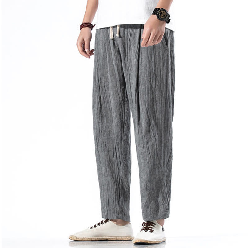 Pantalones Buddha Stones largos de lino y algodón con diseño plisado, lisos e informales, con cordón ajustable y bolsillos para hombre. - image 7