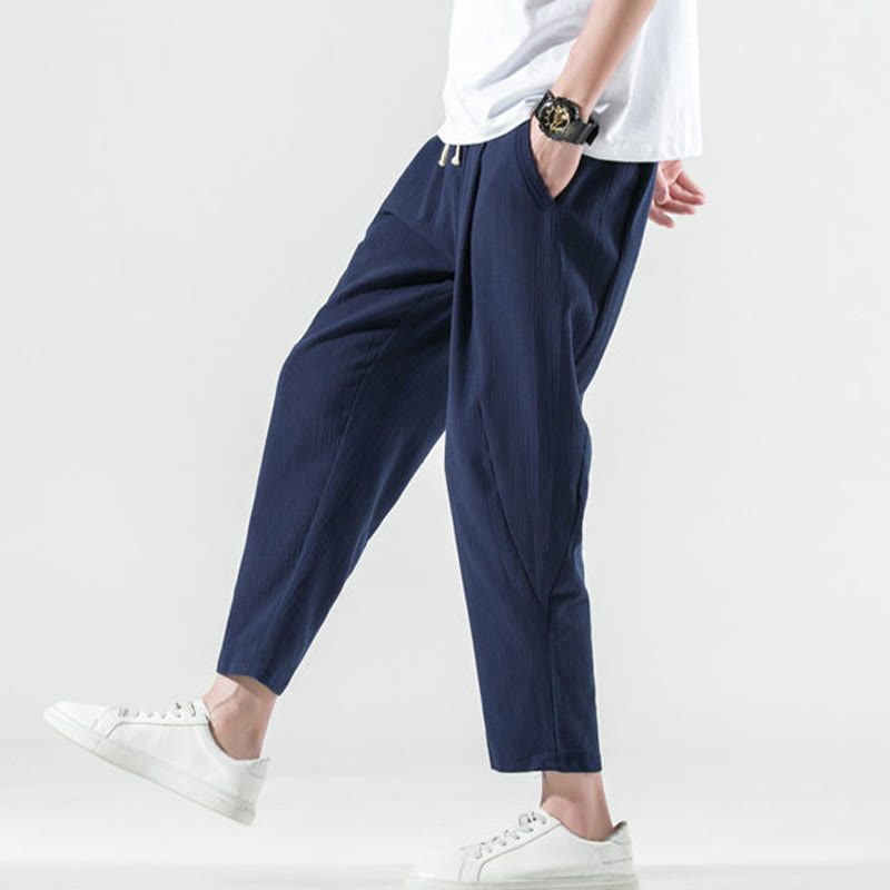 Pantalones Buddha Stones largos de lino y algodón con diseño plisado, lisos e informales, con cordón ajustable y bolsillos para hombre. - image 40