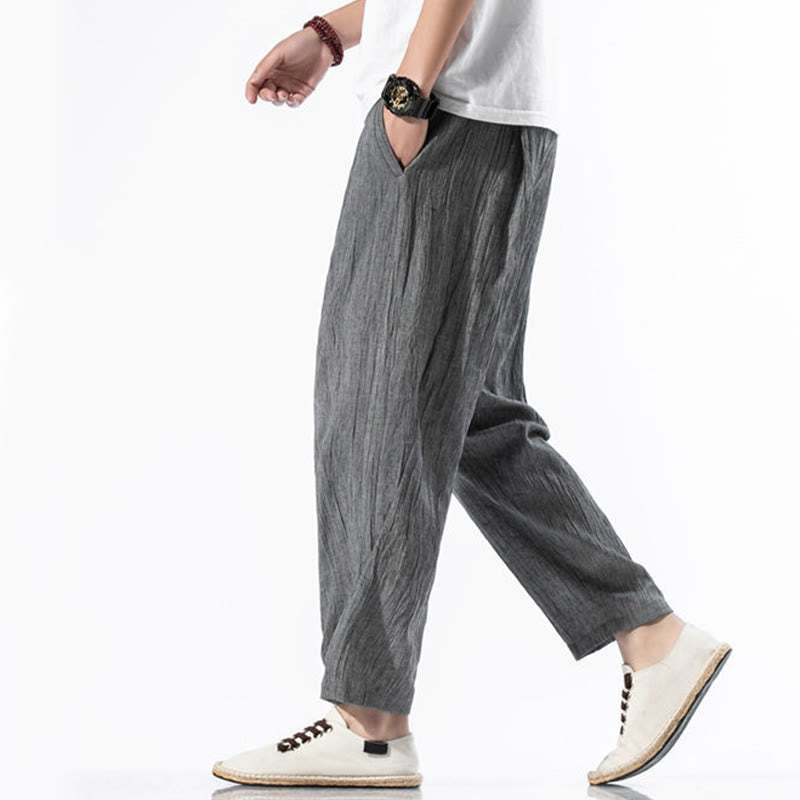 Pantalones Buddha Stones largos de lino y algodón con diseño plisado, lisos e informales, con cordón ajustable y bolsillos para hombre. - image 5