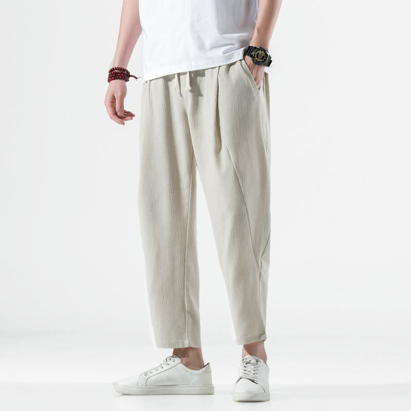 Pantalones Buddha Stones largos de lino y algodón con diseño plisado, lisos e informales, con cordón ajustable y bolsillos para hombre. - image 1