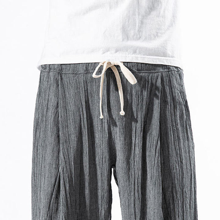 Pantalones Buddha Stones largos de lino y algodón con diseño plisado, lisos e informales, con cordón ajustable y bolsillos para hombre. - image 11