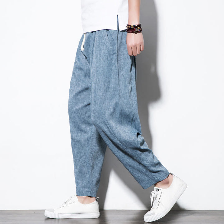 Pantalones Buddha Stones largos de lino y algodón con diseño plisado, lisos e informales, con cordón ajustable y bolsillos para hombre. - Azul acero - US/UK/AU46, EU56 (5XL) - image 31