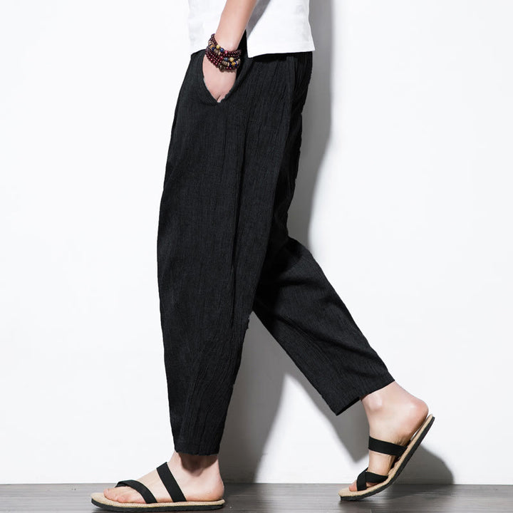 Pantalones Buddha Stones largos de lino y algodón con diseño plisado, lisos e informales, con cordón ajustable y bolsillos para hombre. - Negro - US/UK/AU46, EU56 (5XL) - image 23
