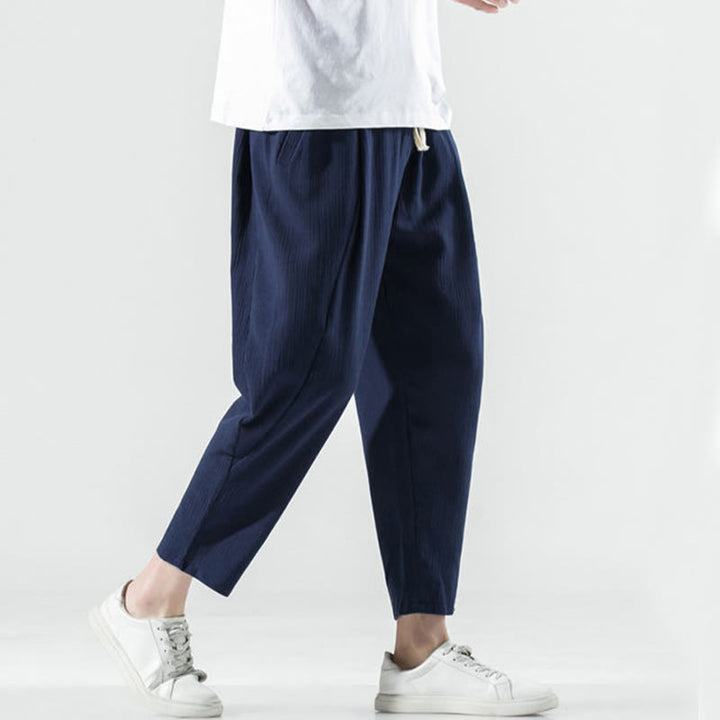 Pantalones Buddha Stones largos de lino y algodón con diseño plisado, lisos e informales, con cordón ajustable y bolsillos para hombre. - image 41