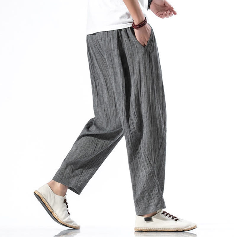 Pantalones Buddha Stones largos de lino y algodón con diseño plisado, lisos e informales, con cordón ajustable y bolsillos para hombre. - image 6
