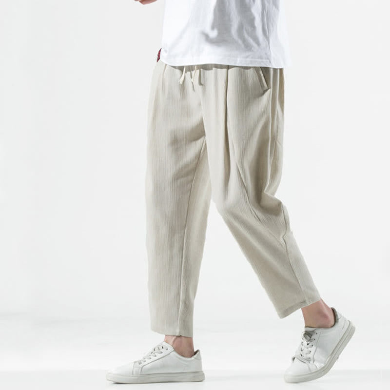 Pantalones Buddha Stones largos de lino y algodón con diseño plisado, lisos e informales, con cordón ajustable y bolsillos para hombre. - Lino - US/UK/AU46, EU56 (5XL) - image 0
