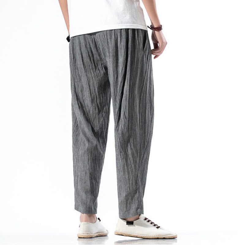 Pantalones Buddha Stones largos de lino y algodón con diseño plisado, lisos e informales, con cordón ajustable y bolsillos para hombre. - image 8