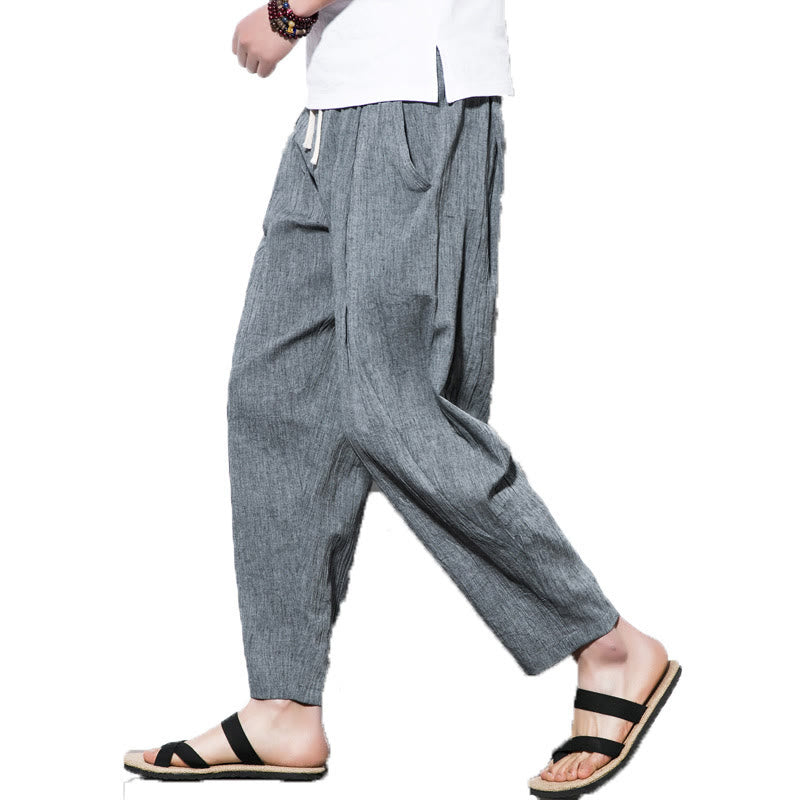 Pantalones Buddha Stones largos de lino y algodón con diseño plisado, lisos e informales, con cordón ajustable y bolsillos para hombre. - image 15