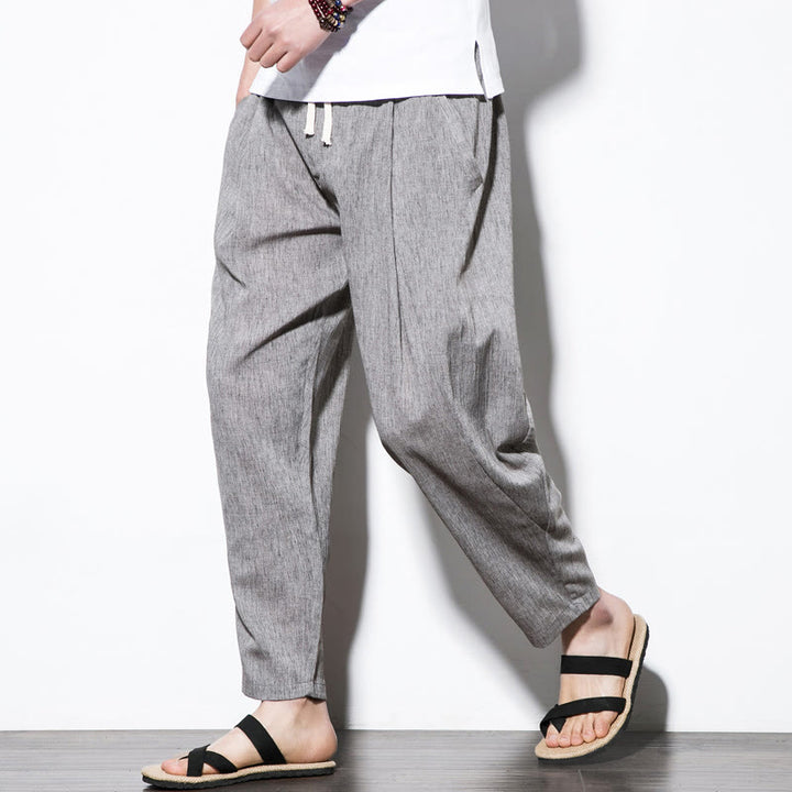 Pantalones Buddha Stones largos de lino y algodón con diseño plisado, lisos e informales, con cordón ajustable y bolsillos para hombre. - Plata - US/UK/AU46, EU56 (5XL) - image 16