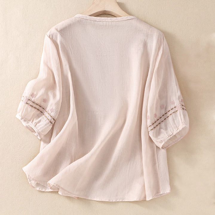 Camisa de lino y algodón de media manga con diseño hueco y cuello redondo para mujer de Buddha Stones
