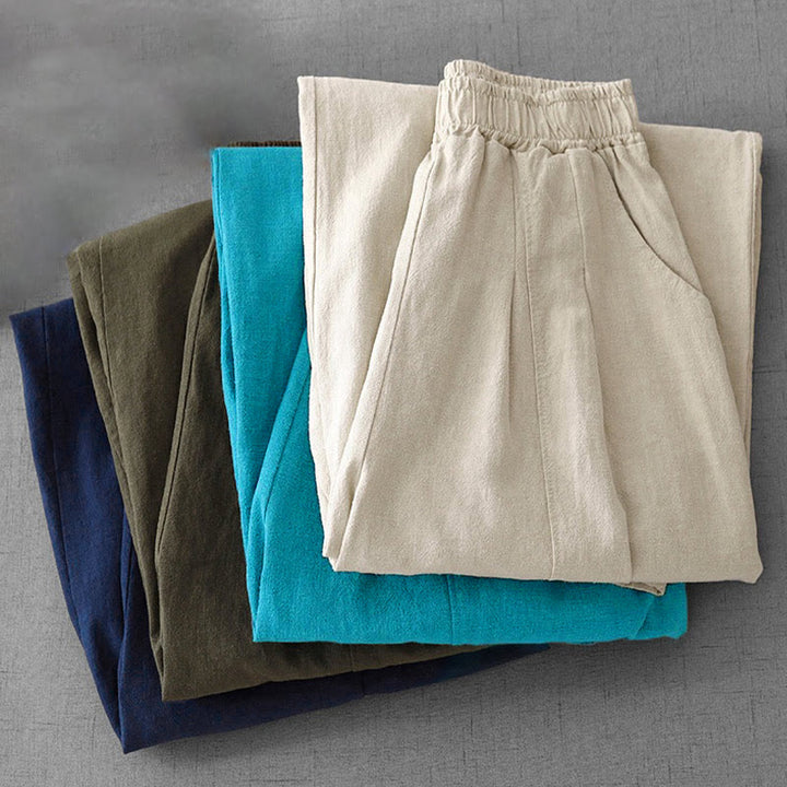 Pantalones harén de lino y algodón para mujer, de largo 7-8, informales, con bolsillos y estampado Buddha Stones
