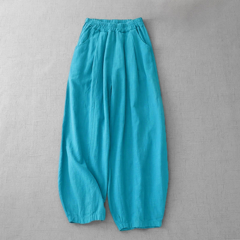 Pantalones harén de lino y algodón para mujer, de largo 7-8, informales, con bolsillos y estampado Buddha Stones
