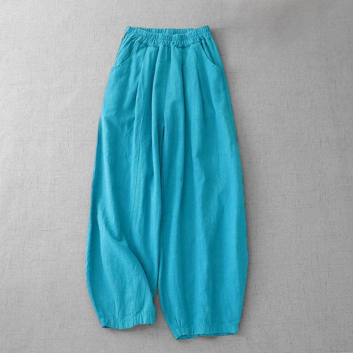 Pantalones harén de lino y algodón para mujer, de largo 7-8, informales, con bolsillos y estampado Buddha Stones