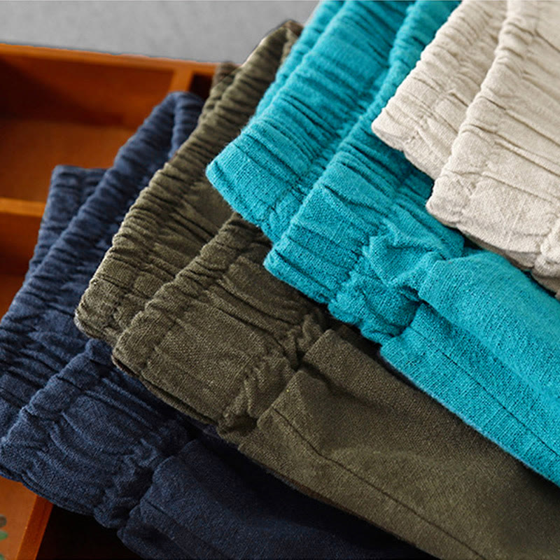Pantalones harén de lino y algodón para mujer, de largo 7-8, informales, con bolsillos y estampado Buddha Stones