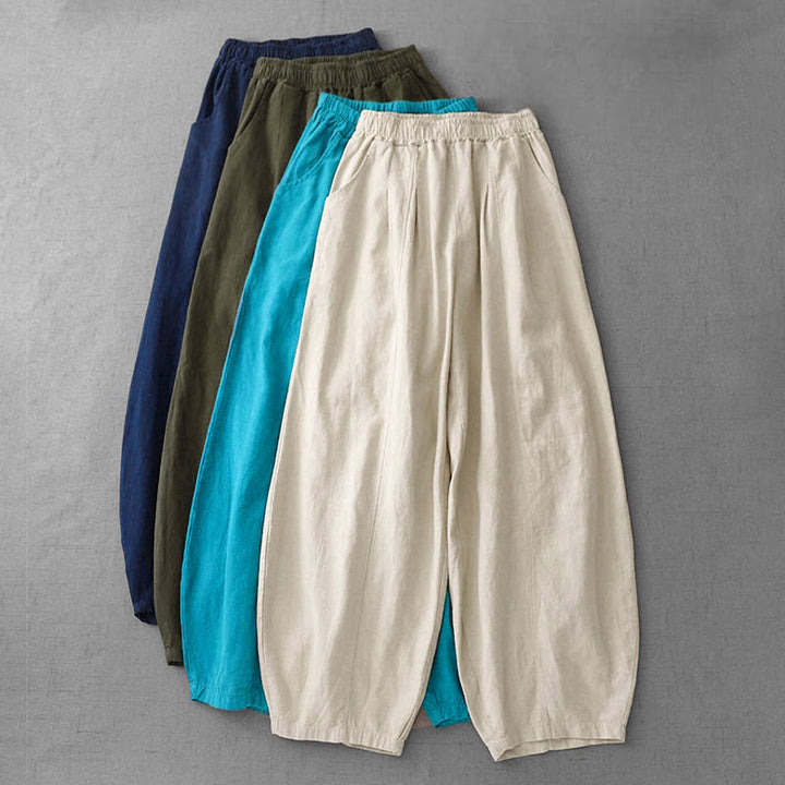 Pantalones harén de lino y algodón para mujer, de largo 7-8, informales, con bolsillos y estampado Buddha Stones