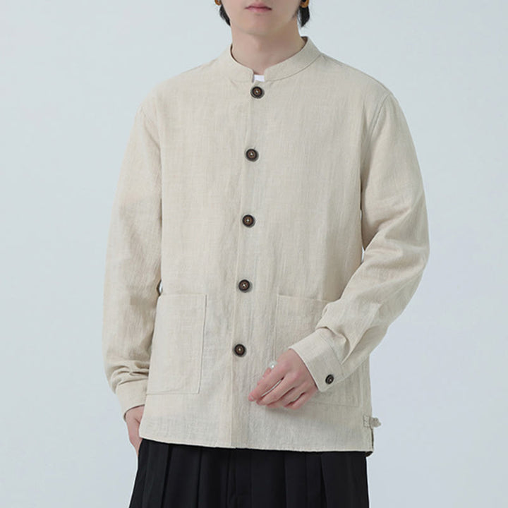 Chaqueta y camisa con botones y bolsillos de Buddha Stones para hombre, de lino y algodón con forro polar - image 2