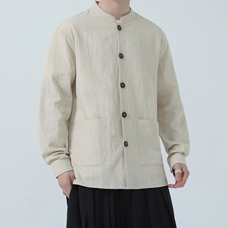 Chaqueta y camisa con botones y bolsillos de Buddha Stones para hombre, de lino y algodón con forro polar - image 11