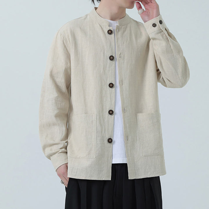 Chaqueta y camisa con botones y bolsillos de Buddha Stones para hombre, de lino y algodón con forro polar - image 12