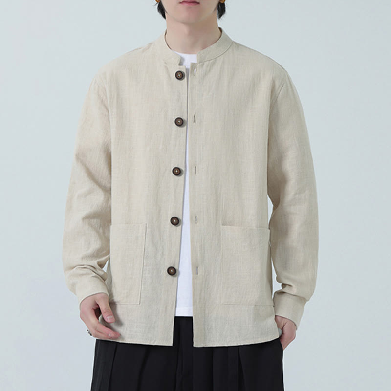 Chaqueta y camisa con botones y bolsillos de Buddha Stones para hombre, de lino y algodón con forro polar - image 10