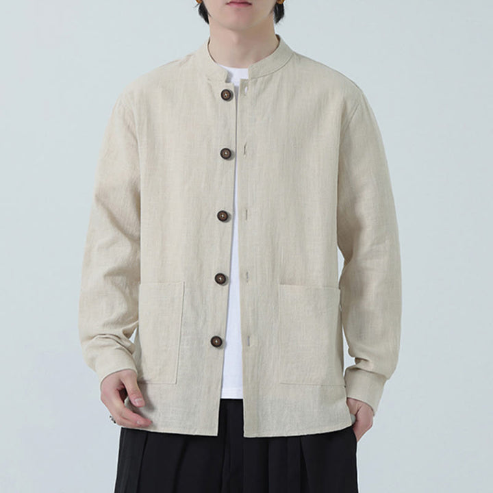 Chaqueta y camisa con botones y bolsillos de Buddha Stones para hombre, de lino y algodón con forro polar - image 10