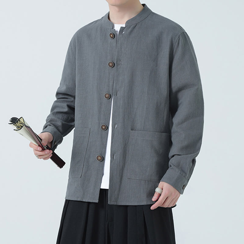 Chaqueta y camisa con botones y bolsillos de Buddha Stones para hombre, de lino y algodón con forro polar - image 17