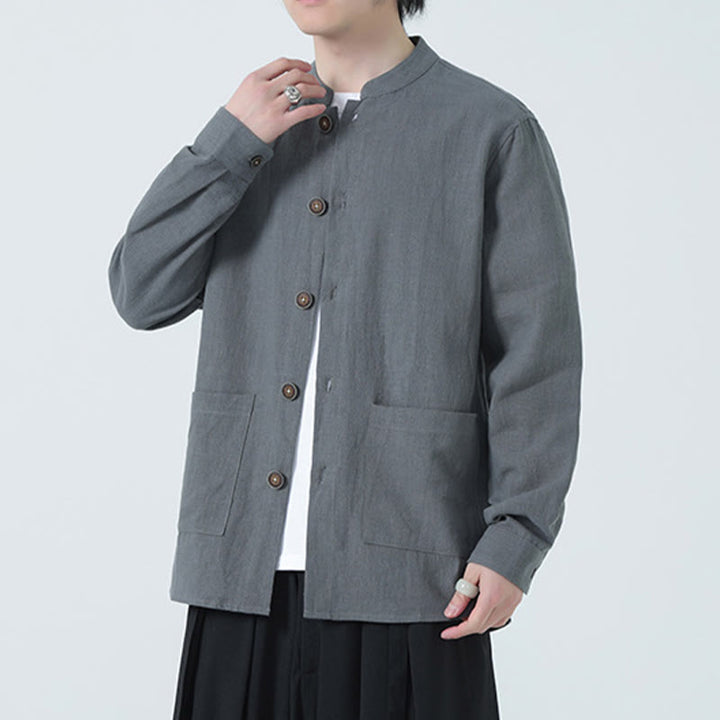 Chaqueta y camisa con botones y bolsillos de Buddha Stones para hombre, de lino y algodón con forro polar - image 1