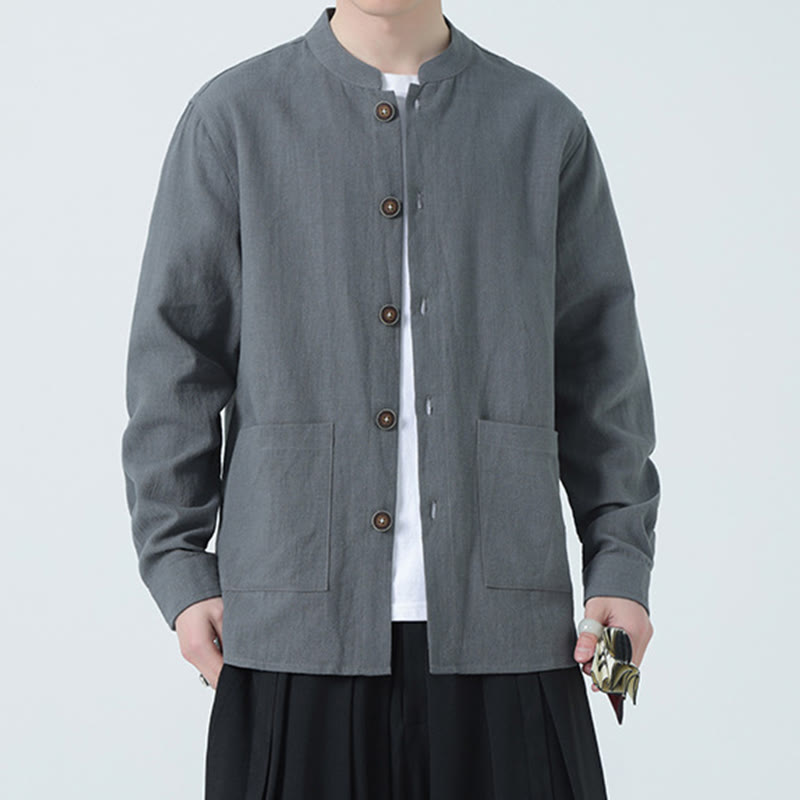 Chaqueta y camisa con botones y bolsillos de Buddha Stones para hombre, de lino y algodón con forro polar - image 15
