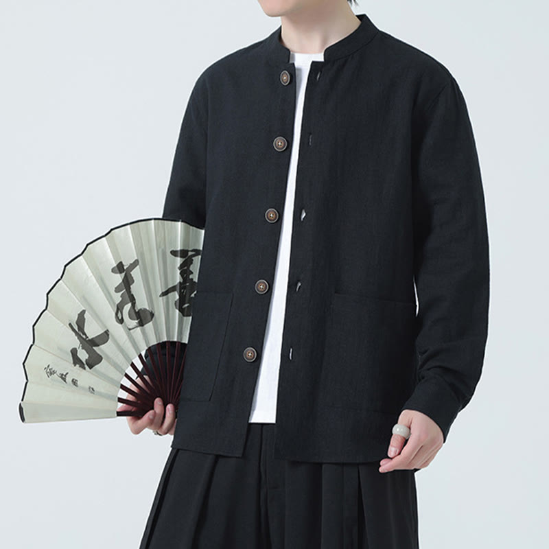 Chaqueta y camisa con botones y bolsillos de Buddha Stones para hombre, de lino y algodón con forro polar - Negro - US/UK/AU46, EU56 (5XL) - image 19