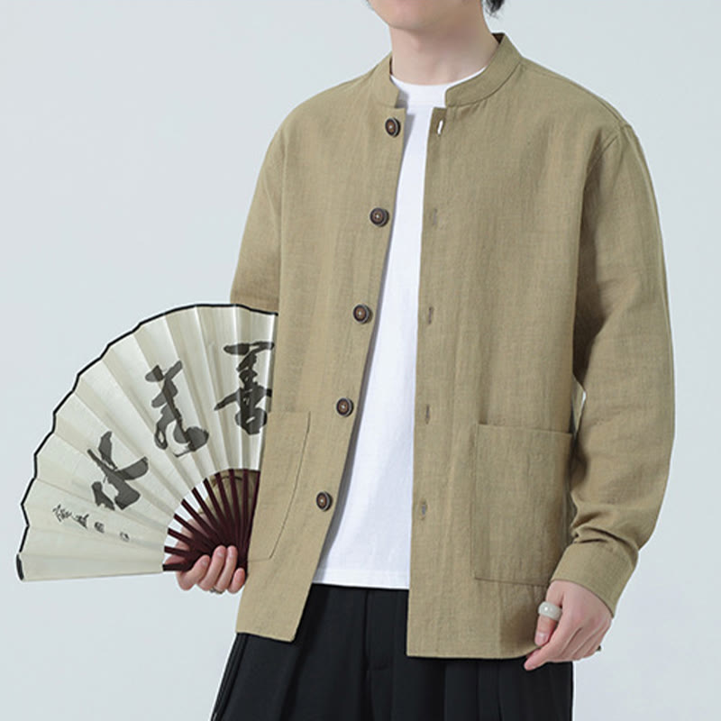 Chaqueta y camisa con botones y bolsillos de Buddha Stones para hombre, de lino y algodón con forro polar - Vara de oro pálida - US/UK/AU46, EU56 (5XL) - image 26