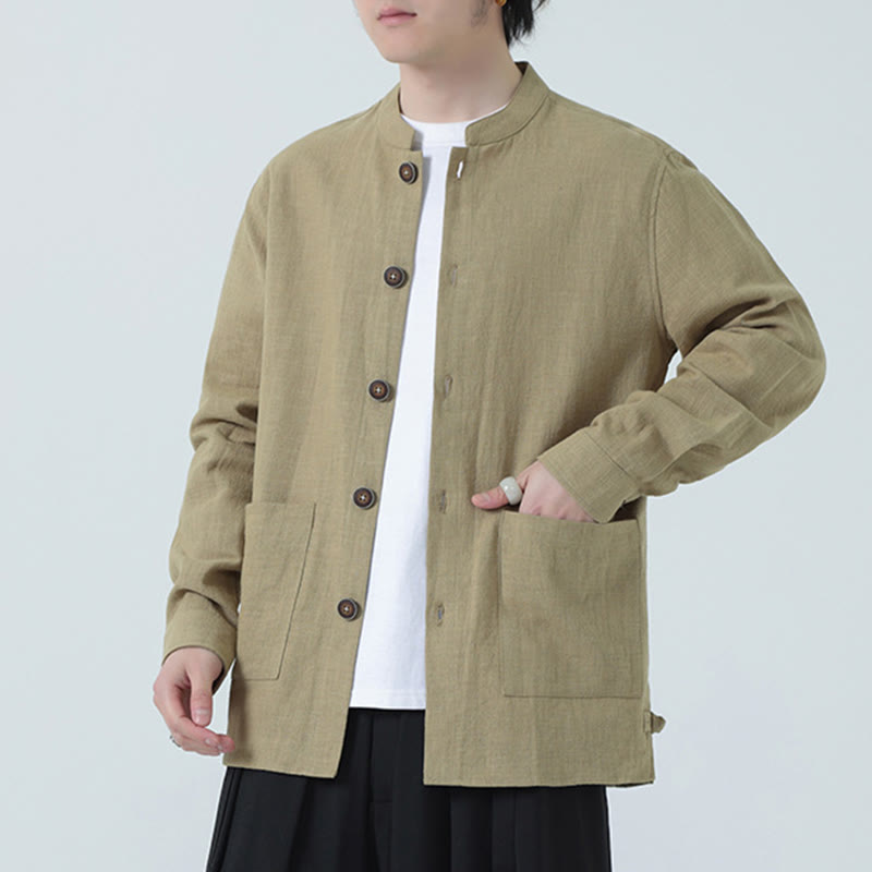 Chaqueta y camisa con botones y bolsillos de Buddha Stones para hombre, de lino y algodón con forro polar - image 32