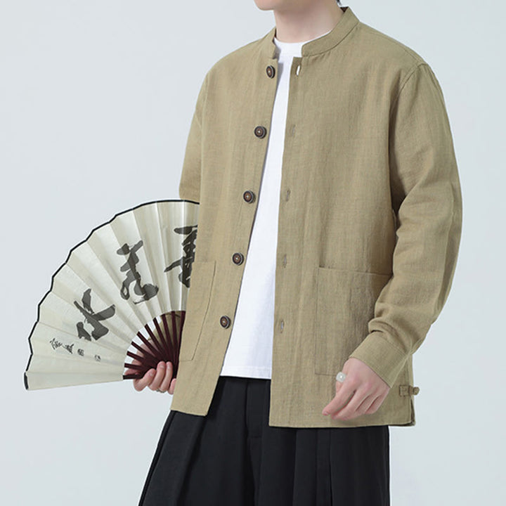 Chaqueta y camisa con botones y bolsillos de Buddha Stones para hombre, de lino y algodón con forro polar - image 29