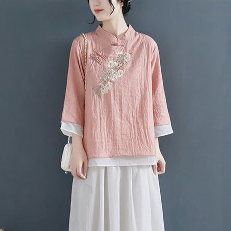 Camisa de lino y algodón para mujer, con cuello mandarín, manga tres cuartos y botones de rana, con bordado de flores y Buddha Stones - image 1