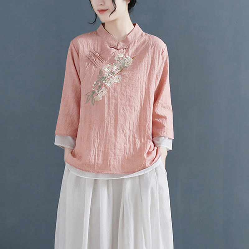 Camisa de lino y algodón para mujer, con cuello mandarín, manga tres cuartos y botones de rana, con bordado de flores y Buddha Stones - image 2