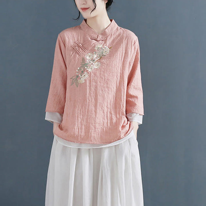 Camisa de lino y algodón para mujer, con cuello mandarín, manga tres cuartos y botones de rana, con bordado de flores y Buddha Stones - image 2