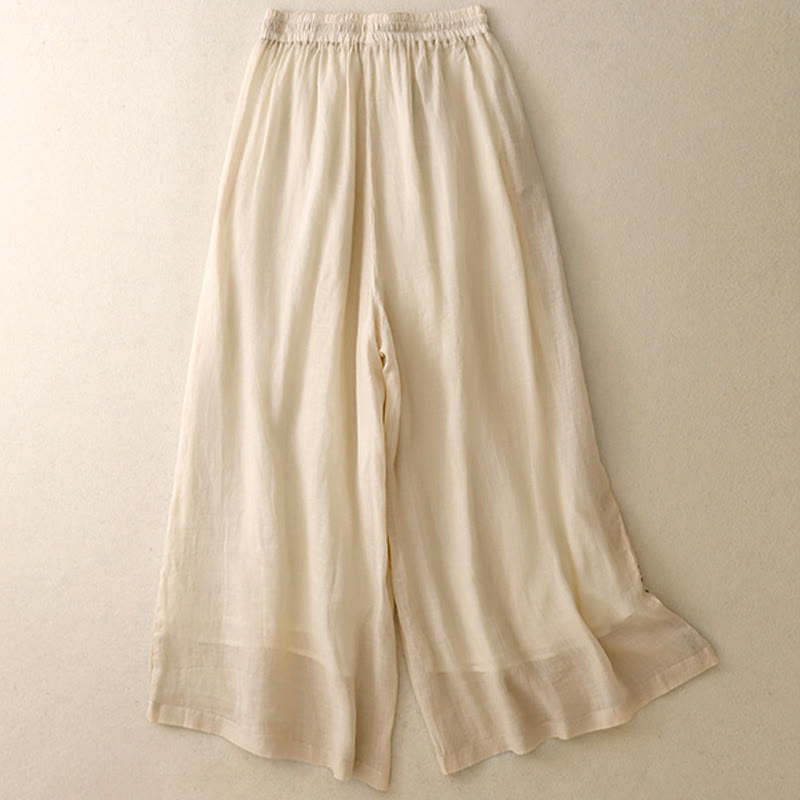Pantalones de algodón con bordado de Buddha Stones Commute, de color liso, con cordón ajustable y pernera ancha hasta el tobillo para mujer, con bolsillos - image 1