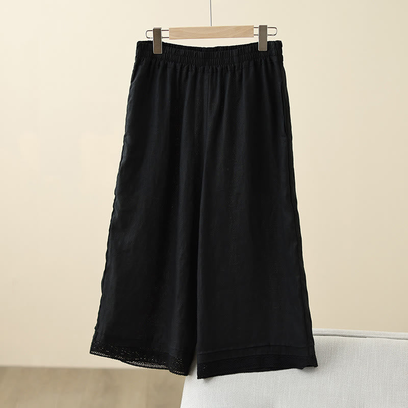 Pantalones de algodón de pierna ancha para mujer con bolsillos y diseño retro de patchwork de encaje liso de Buddha Stones Commute, longitud 7-8