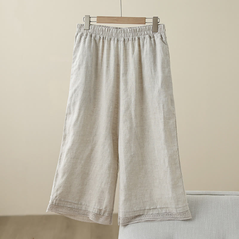 Pantalones de algodón de pierna ancha para mujer con bolsillos y diseño retro de patchwork de encaje liso de Buddha Stones Commute, longitud 7-8 - Lino - US8-10，UK/AU12-14，EU40-42 (2XL) - image 0