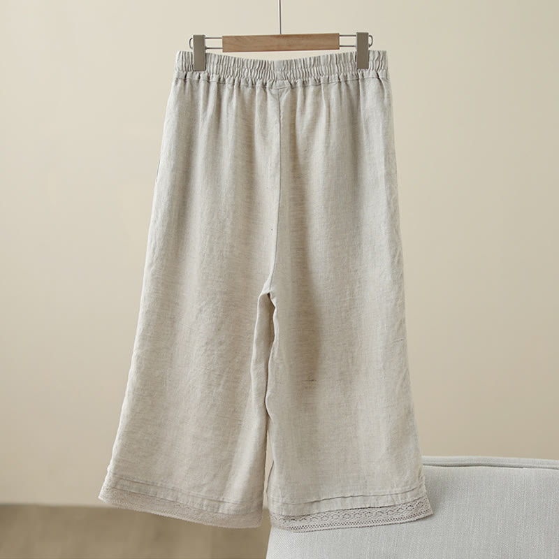 Pantalones de algodón de pierna ancha para mujer con bolsillos y diseño retro de patchwork de encaje liso de Buddha Stones Commute, longitud 7-8 - image 1