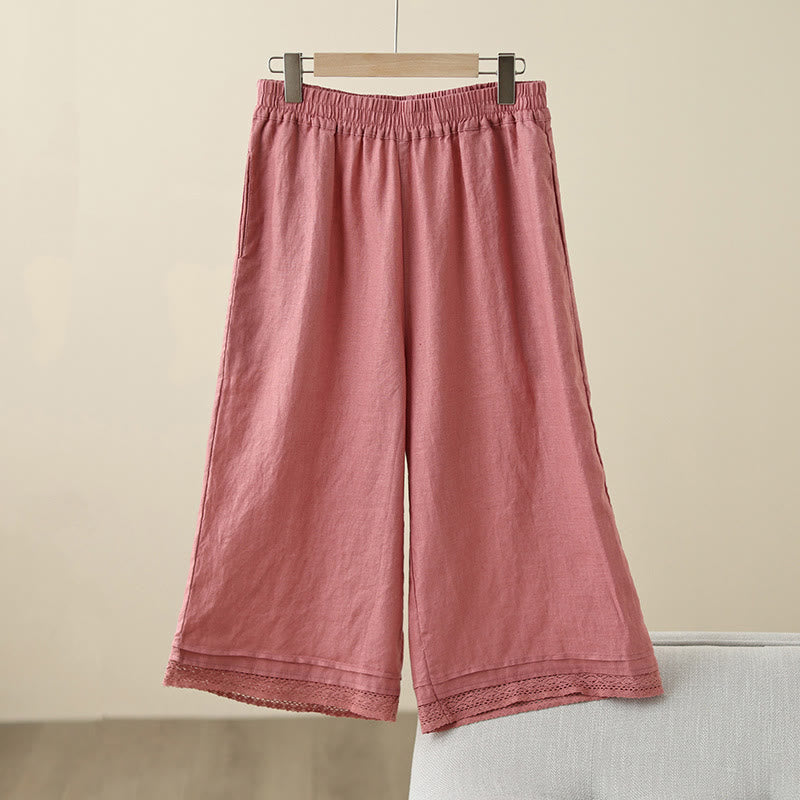 Pantalones de algodón de pierna ancha para mujer con bolsillos y diseño retro de patchwork de encaje liso de Buddha Stones Commute, longitud 7-8 - Coral claro - US8-10，UK/AU12-14，EU40-42 (2XL) - image 10